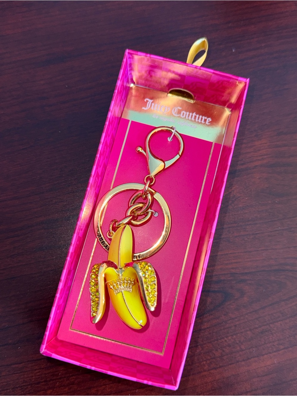 Juicy Couture Pink Boxed Keychain with Yellow Banana Charm and Gold Hardware
